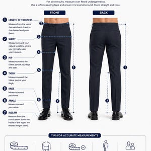 May include: A guide titled "Men's Pant Measurement Guide" with instructions on how to measure trousers. The guide includes diagrams and tips for accurate measurements, such as using a soft measuring tape and standing straight.