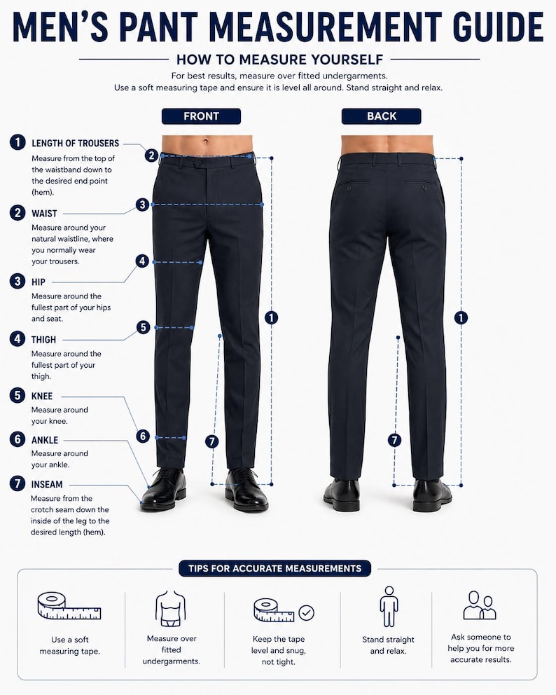 May include: A guide titled "Men's Pant Measurement Guide" with instructions on how to measure trousers. The guide includes diagrams and tips for accurate measurements, such as using a soft measuring tape and standing straight.
