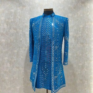 groom wearing Turkish Blue Indo-Western set – Kph Outfits