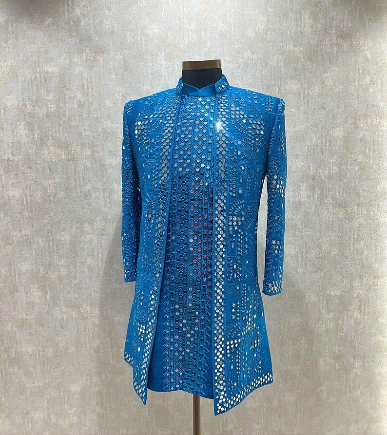 groom wearing Turkish Blue Indo-Western set – Kph Outfits
