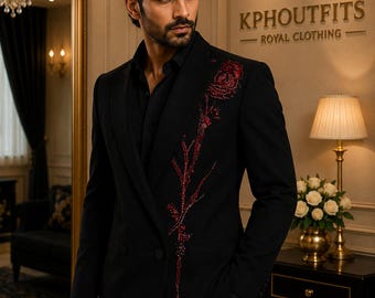 Luxus Schwarz Hand bestickt Smoking Anzug, Designer Bräutigam Anzug, Regal Hochzeit & Empfang Wear, Maßgeschneidert