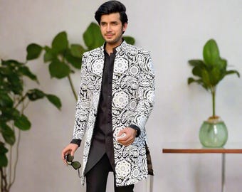 Men&#39;s Velvet With White Thread Embroidery Open Indo-western Set | Velvet Designer With  sleeveless Jacket Indo-western Set | Indo-western