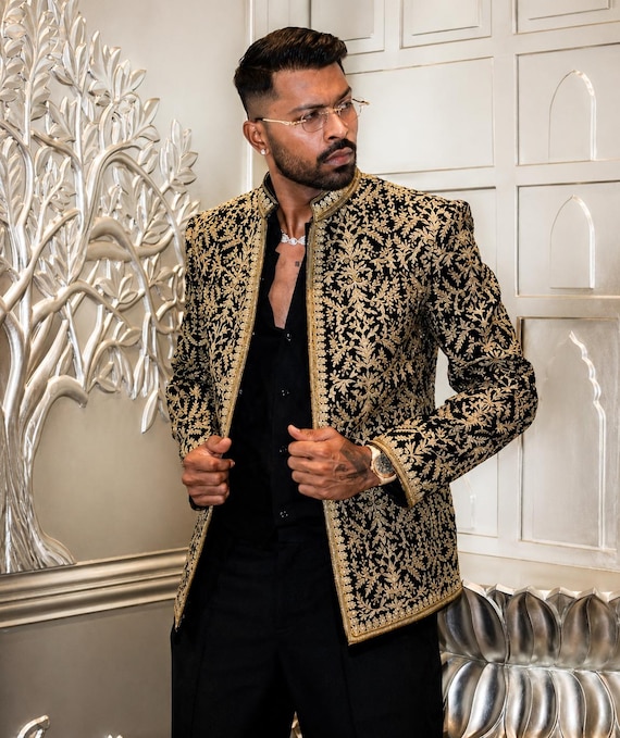 gold dress jacket Black Velvet Zari Bandhgala Suit, Groom Wedding Wear Jodhpuri Jacket, Custom Engagement gold dress with blazer