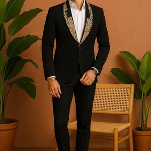 Zwart gouden geborduurde revers designer smokingkostuum – custom-fit bruidegom trouwkleding | Kph-outfits