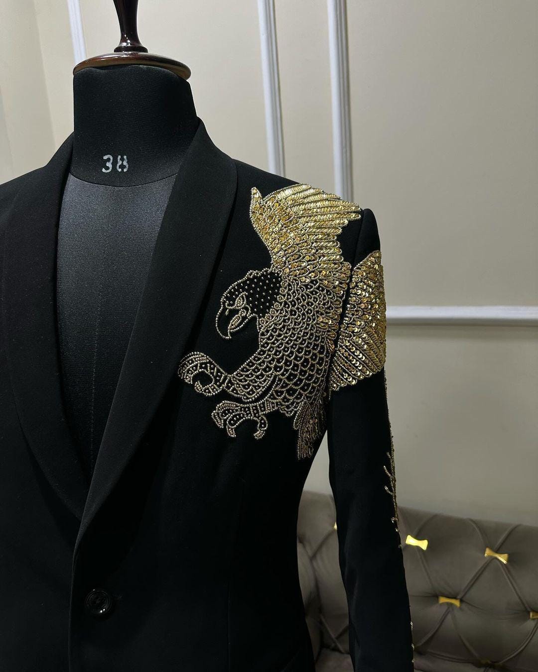 Buy Luxury Men’s Black Tuxedo Suit Gold Eagle Embroidery Groom  Reception Designer Shawl Lapel Suit Online in India