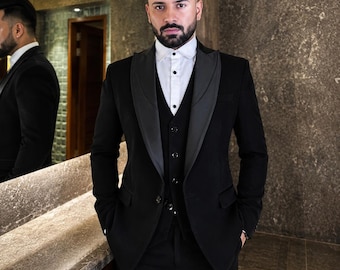 Men's Black 3-Piece Tuxedo Suit | Double Satin Lapel Groom Wedding Suit, Tailored Fit
