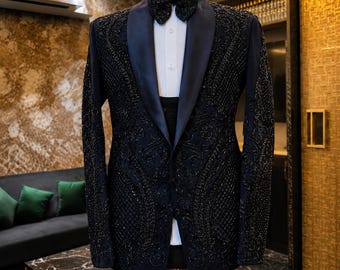Navy Blue Handcrafted Cut-Work Tuxedo Set – Groom Wedding Wear | Kph Outfits