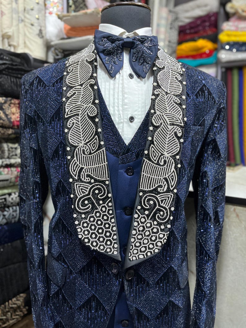 Men’s Navy Blue Sequin Tuxedo Jacket with Black Satin Shawl Lapel – Luxury Prom and Wedding Blazer main image 1