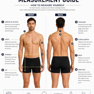 May include: A guide titled "MEN'S UPPER BODY MEASUREMENT GUIDE" with instructions on how to measure the chest, stomach, hip, and other areas. The guide features illustrations of a person from the front and back, with measurement points labeled.