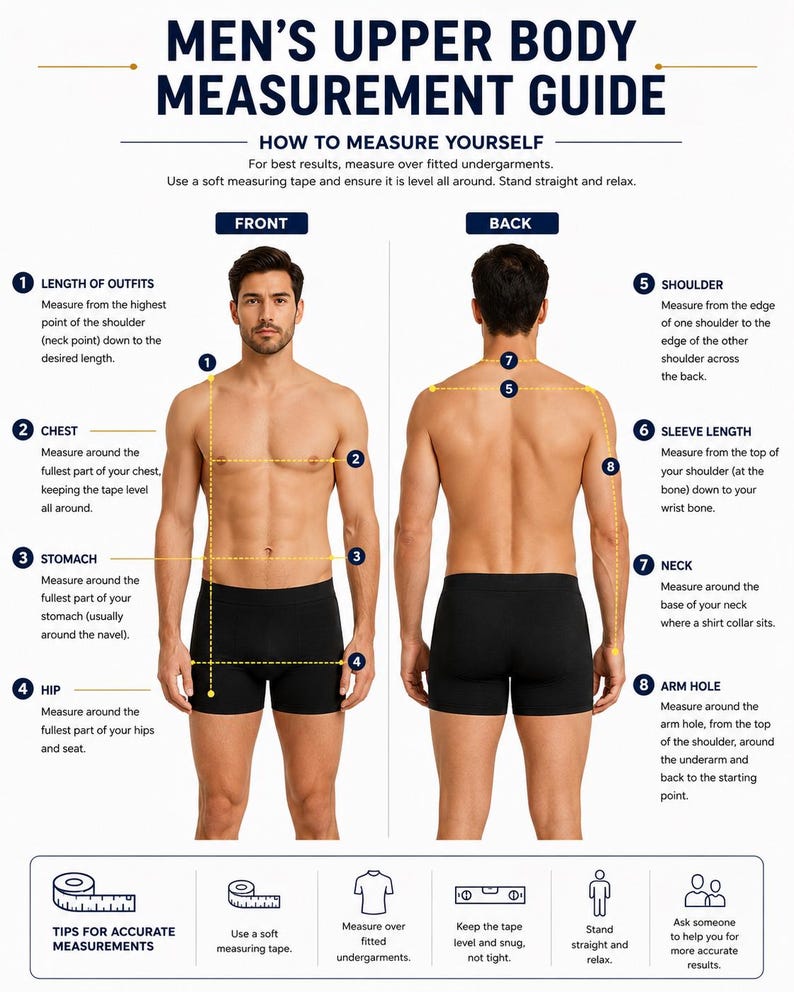May include: A guide titled "MEN'S UPPER BODY MEASUREMENT GUIDE" with instructions on how to measure the chest, stomach, hip, and other areas. The guide features illustrations of a person from the front and back, with measurement points labeled.