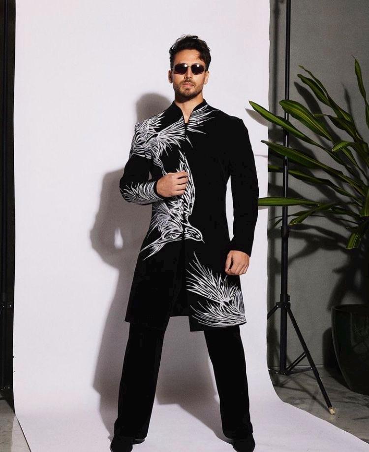 Black Micro Velvet Sherwani for Men Silver Hand Embroidered Groom Outfit, Tailored Fit Indowestern
