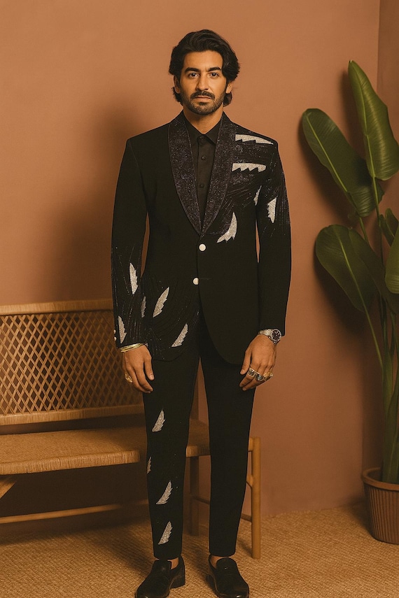 Black Armani Crystal Embellished Tuxedo Suit – Groom Made-to-order