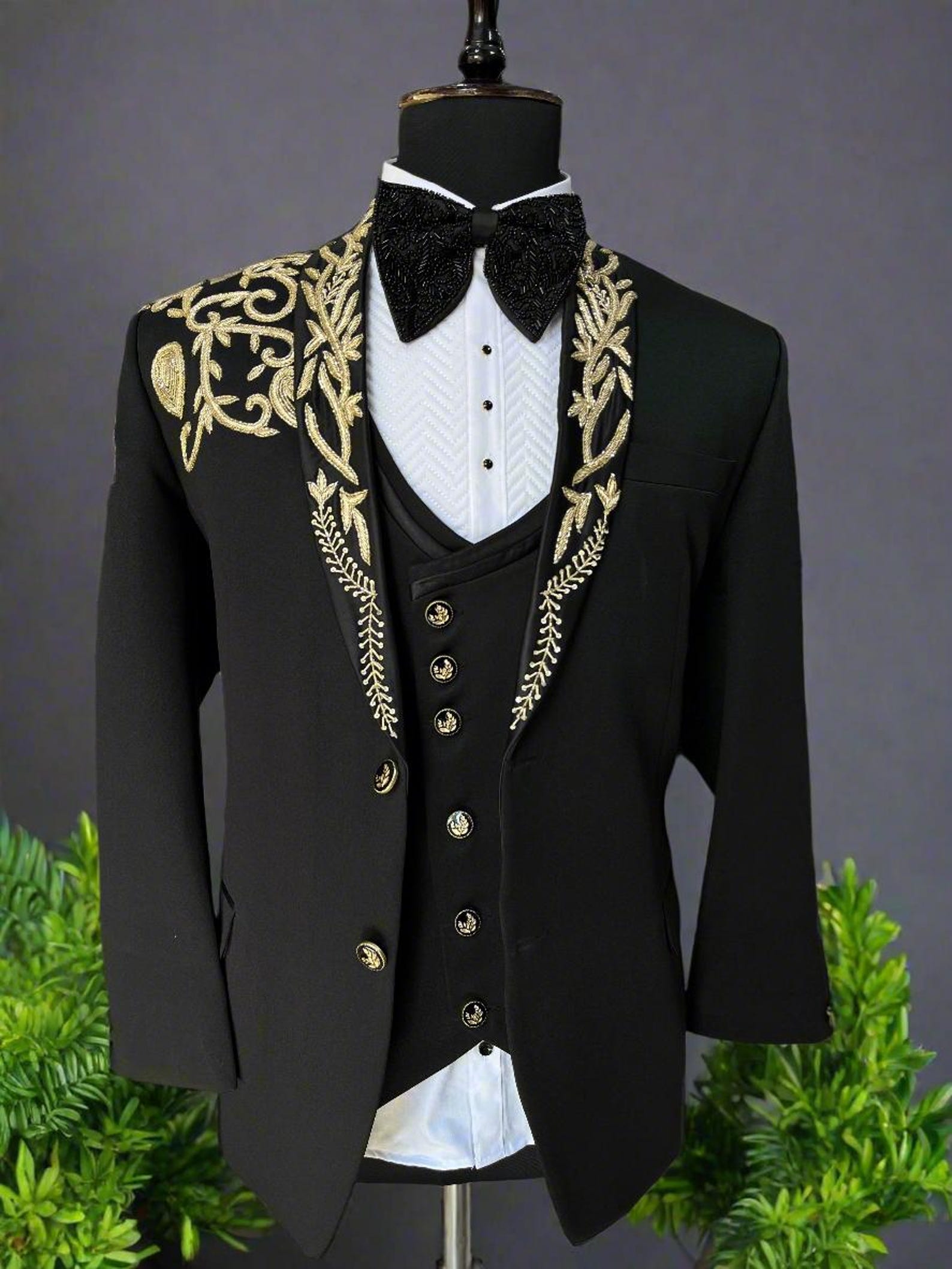 Royal Black & Gold Embroidered Tuxedo Suit for Boys