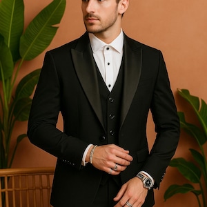 Traje de esmoquin negro de tres piezas con solapa doble para hombre - Ropa para novios y recepción / Kph Outfits