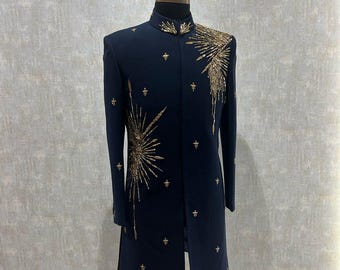 Blue Sherwani Set – Handcrafted Golden Embroidery, Made-to-Order Groom Wear