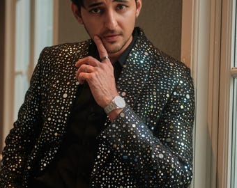 Black Mirror Embellished Tuxedo Blazer – Wedding Groom Reception Outfit | Custom Made Designer Suit | Kph