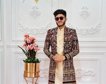 Men&#39;s Exclusive Customise Designer Open Indo-western Set | Velvet Multi Colour Embroidery  Designer Indo-western | Men&#39;s Indo-western Set