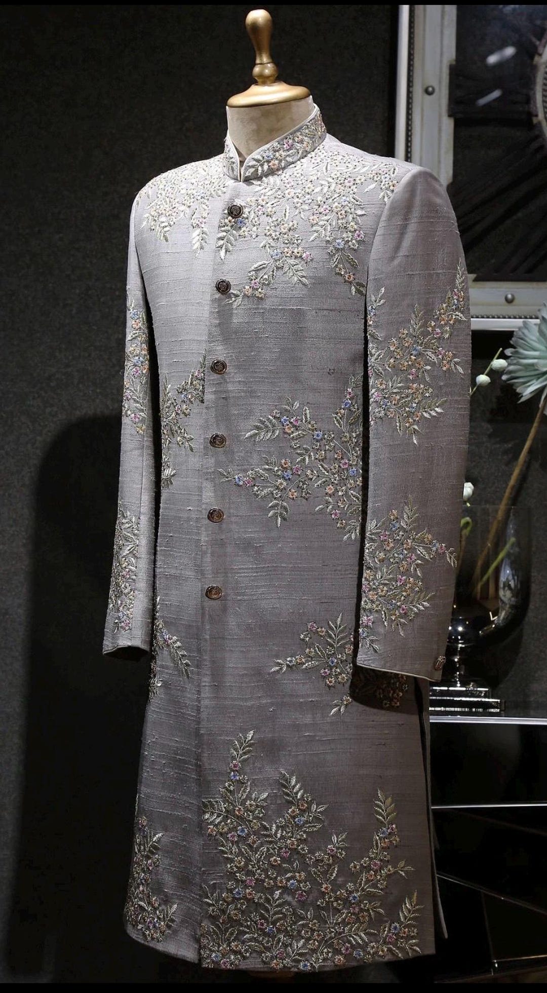 Men's Gray Raw Silk Machine Work Embroidery Sherwani Set | Designer ...