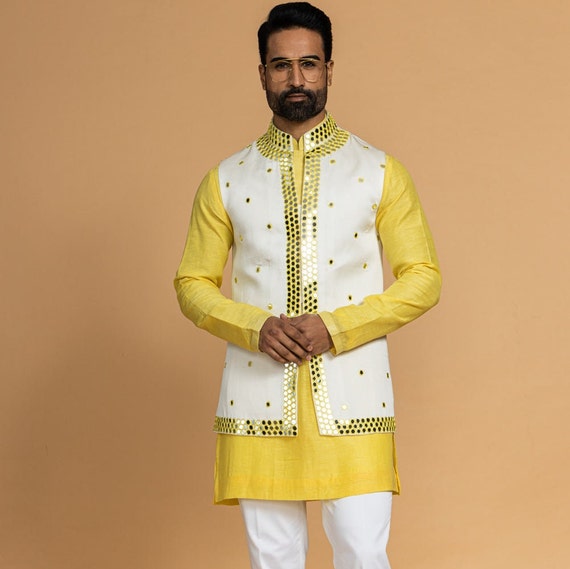 Ivory Mirror Work Nehru Jacket Set, Yellow Kurta Pajama, Haldi