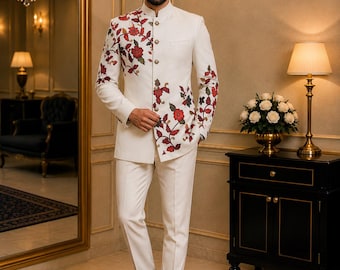 Luxe wit handbeschilderd Bandhgala-pak, designer Jodhpuri-set voor de bruidegom, handgemaakte prinsenjas
