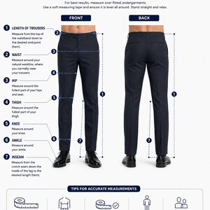 May include: A guide for measuring men's pants, showing front and back views of a person wearing navy trousers. Instructions detail measuring the waist, hip, thigh, knee, ankle, and inseam. Tips include using a soft tape, standing straight, and relaxing.