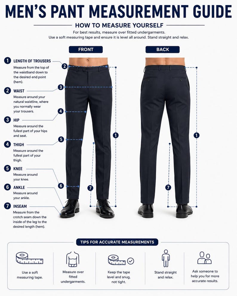 May include: A guide for measuring men's pants, showing front and back views of a person wearing navy trousers. Instructions detail measuring the waist, hip, thigh, knee, ankle, and inseam. Tips include using a soft tape, standing straight, and relaxing.