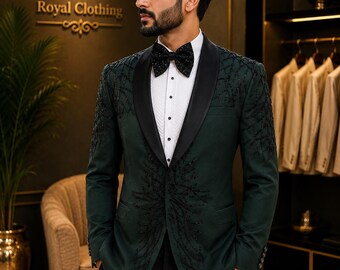 Traje de esmoquin verde oliva bordado, traje de recepción de boda de diseñador para el novio, ropa formal hecha a medida