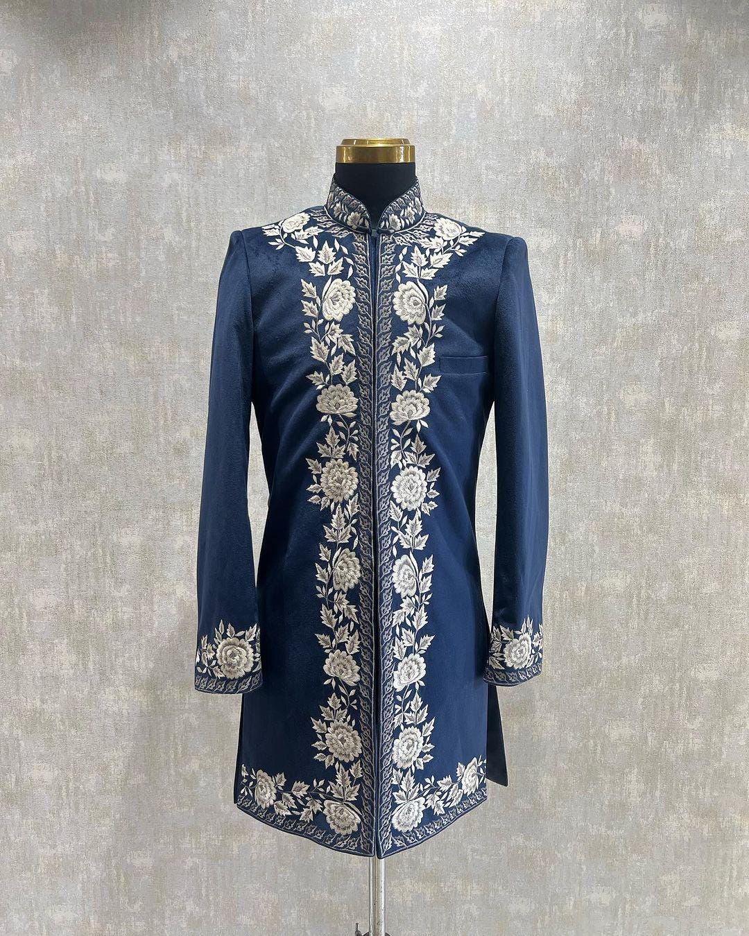Blue Silk Sherwani Set With Beads Work On Collar