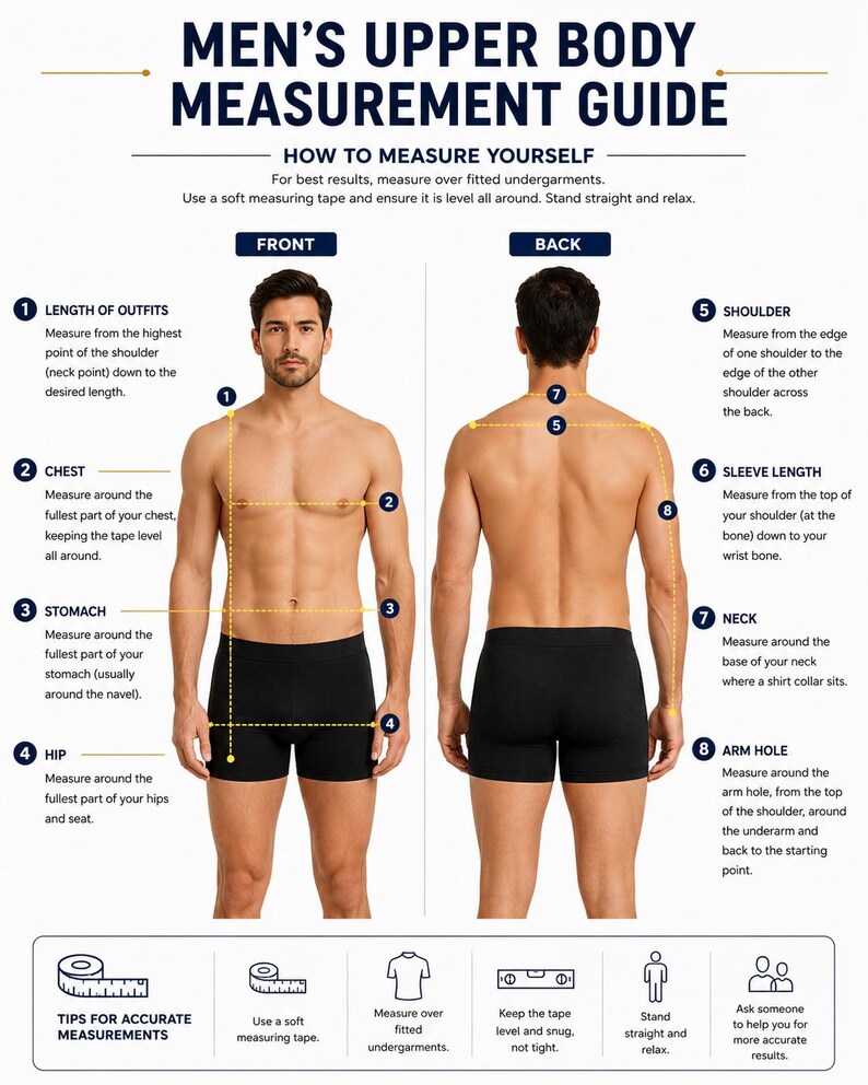 May include: A guide titled "MEN'S UPPER BODY MEASUREMENT GUIDE" with instructions on how to measure the chest, stomach, hip, and other areas. The guide features illustrations of a person from the front and back, with measurement points labeled.