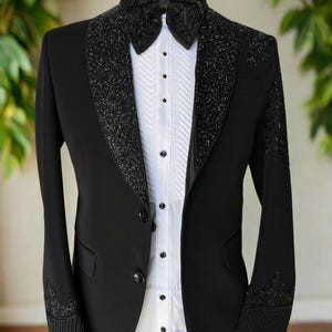 side view black embroidered tuxedo blazer – Kph Outfits