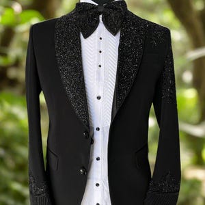 model wearing black tuxedo cut-dana embroidery – Kph Outfits
