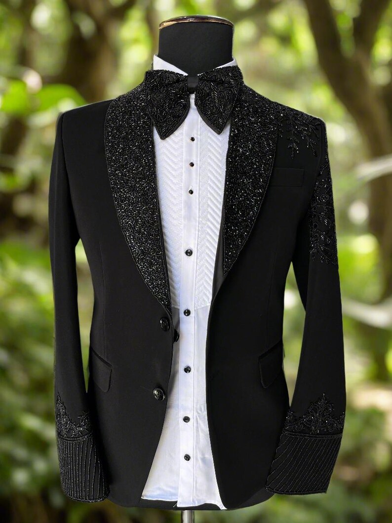 model wearing black tuxedo cut-dana embroidery – Kph Outfits