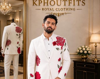 White Ivory  Floral Embroidered Tuxedo Suit | Luxury Groom Wedding Reception Outfit | Custom Made Jacket