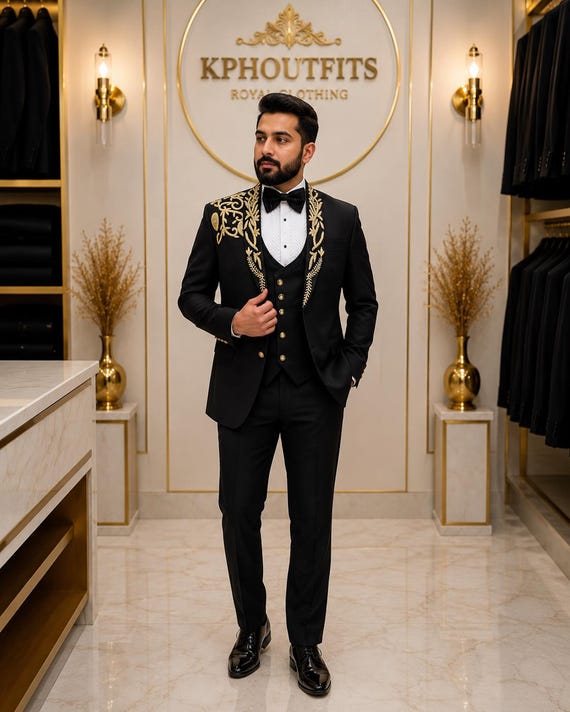 Luxury Black Gold Embellished Tuxedo Suit: Custom Made Groom Wedding Ensemble, Designer Reception Suit
