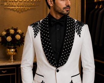 White Tuxedo Jacket, Black Floral Embroidery, Pearl Embellished Shawl Lapel, Custom Groom Formal Wear,