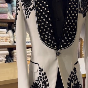 Men's Ivory Luxury Black Embellished Designer Tuxedo Suit| Men's  Customise Designer Stylish Tuxedo Suit| Wedding Men's Exclusive Tuxedo