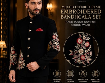 Schwarzer, bestickter Jodhpuri-Anzug für Herren | Florales Bandhgala-Hochzeitsoutfit für den Bräutigam | Maßanfertigung