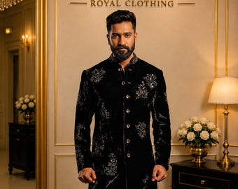 Black Velvet Indo Western Sherwani, Hand-Embroidered Groom Wedding Outfit, Reception Wear, Made to Measure