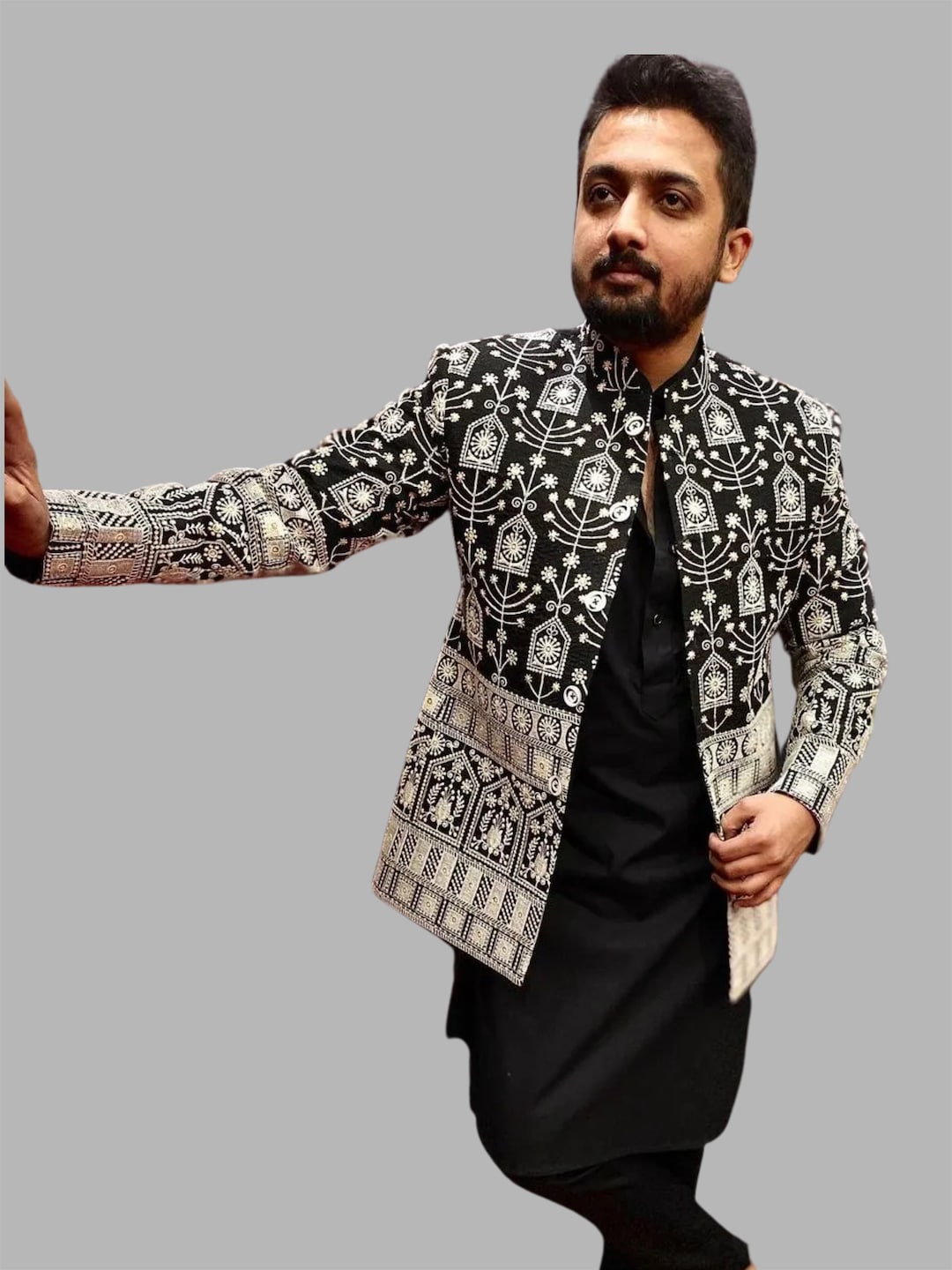 Buy Designer Black Silk Jodhpuri Set – Open Shrug Kurta Pajama for