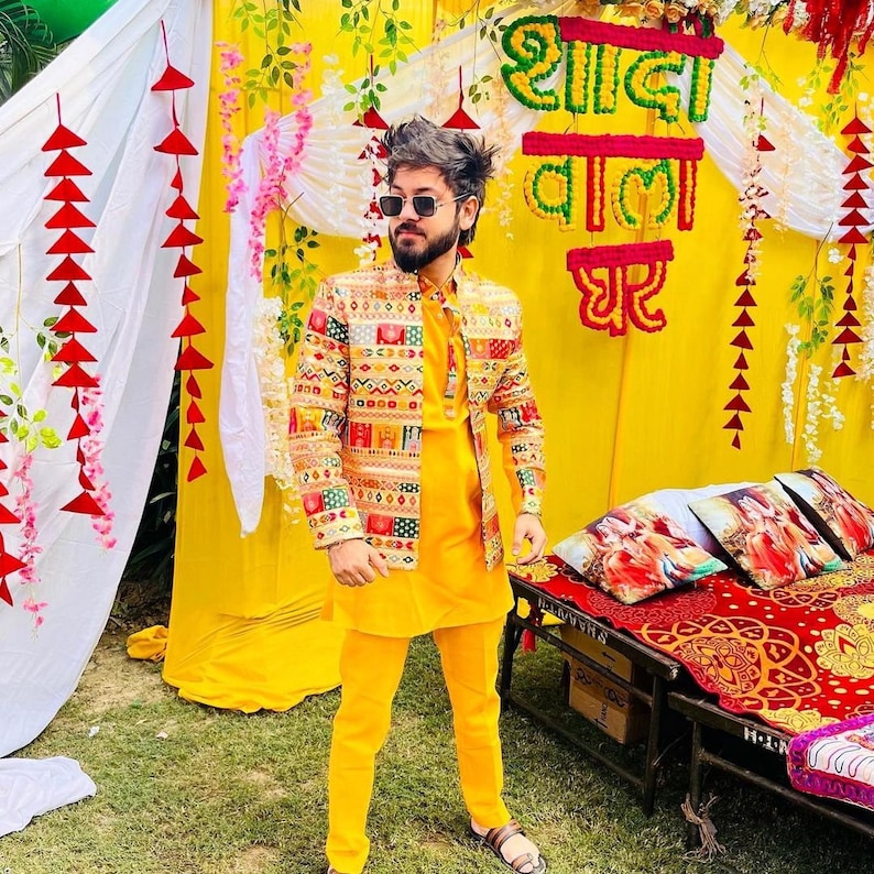 front view mustard jodhpuri set with jacket – Kph Outfits