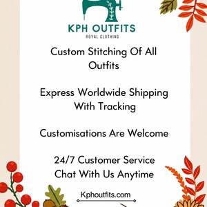 May include: A cream-colored graphic with the text "KPH OUTFITS ROYAL CLOTHING" and details about custom stitching, worldwide shipping, and customer service. The design includes a sewing machine icon and autumn-themed illustrations.