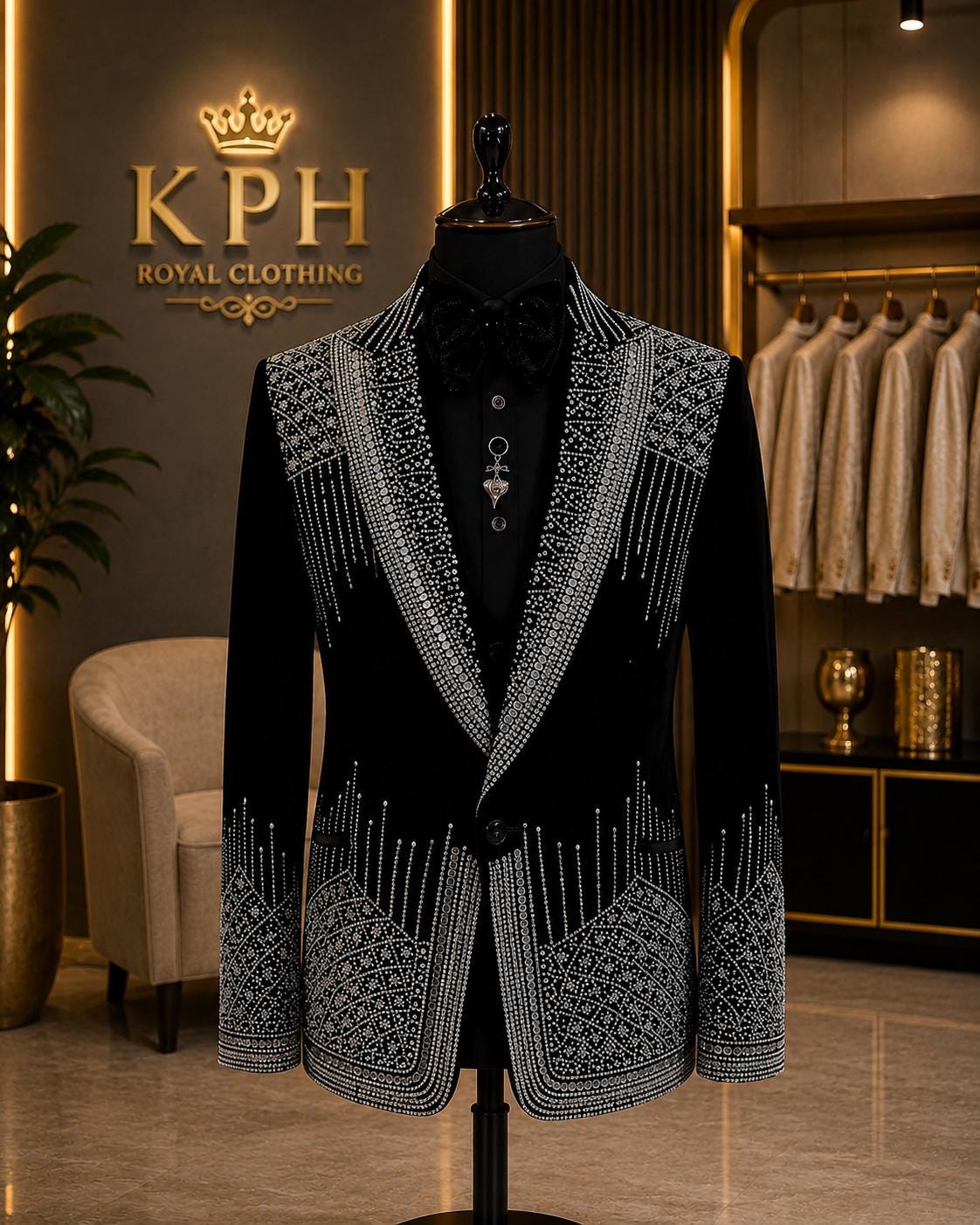 Black Crystal Tuxedo Suit, Luxury Rhinestone Blazer, Designer Groom Reception Outfit