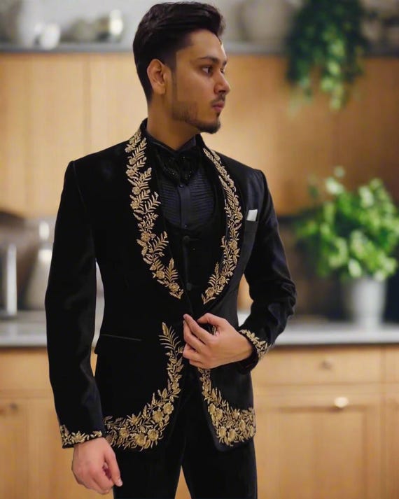 green emerald velvet dress Black and Gold Prom Suit