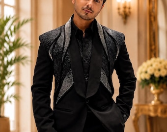 Luxury Men Black Groom Tuxedo Suit – Handcrafted Beaded Cut Dana Wedding Reception Wear
