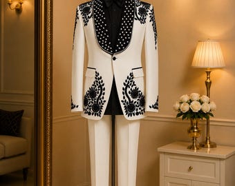 Luxury Ivory Hand Embellished Black Shawl Lapel Tuxedo, Designer Groom Wedding Reception Suit, Handmade