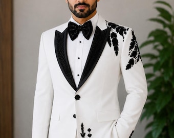 Ivory Black Embroidered Tuxedo Suit | Hand Embellished Groom Wedding Blazer , Custom Made  Reception Jacket