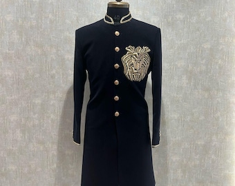 Black Zari Embroidered Sherwani, Custom Made Groom Wedding Wear, Indian Wedding Outfit