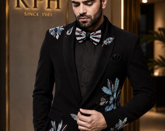 Black Multi Color Sequin Embellished Tuxedo Suit, Luxury Groom Reception Wear, Designer Wedding Tuxedo,