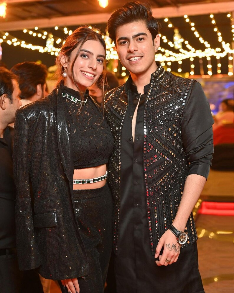 Men’s black mirror work Nehru jacket with matching kurta pajama wedding outfit