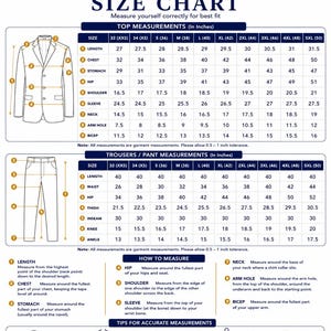 May include: Size chart for KPH Outfits royal clothing, with top and trouser measurements in inches. Includes diagrams and instructions for measuring length, chest, stomach, hip, shoulder, sleeve, neck, arm hole, bicep, and inseam.